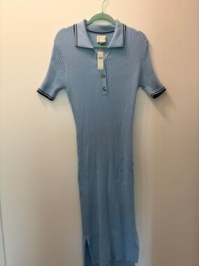 Anthropologie Light Blue Ribbed Polo Maxi Dress with Navy Trim